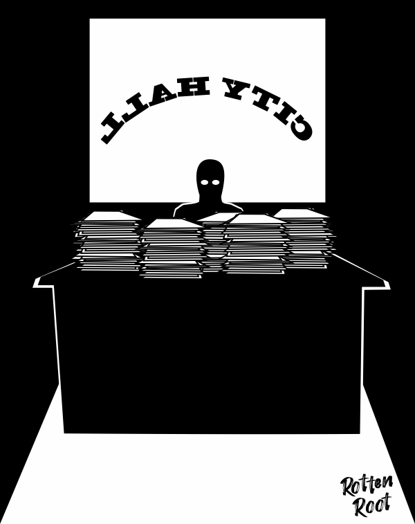 Ilustração com uma mesa coberta por pilhas de papel, atrás das quais está a silhhueta de um homem magro de óculos. Ao fundo localiza-se uma janela de vidro, na qual está escrito CITY HALL